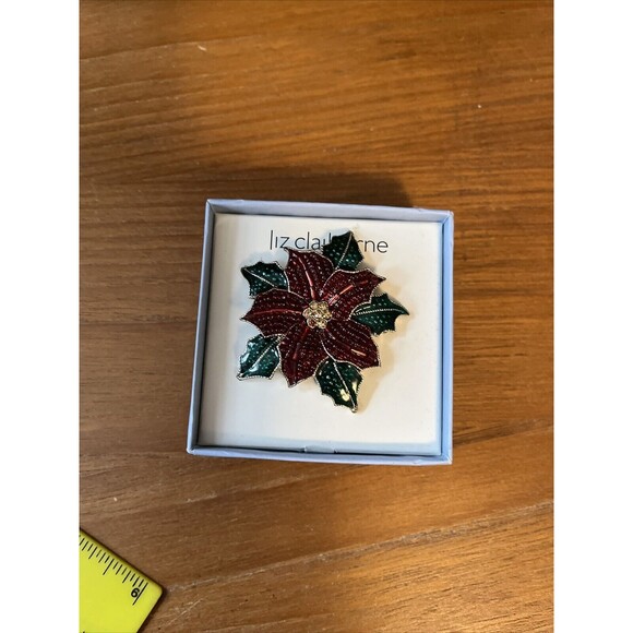 Liz Claiborne Layered Red & Green Enamel Poinsettia Flower Christmas Holiday Pin - Picture 1 of 4